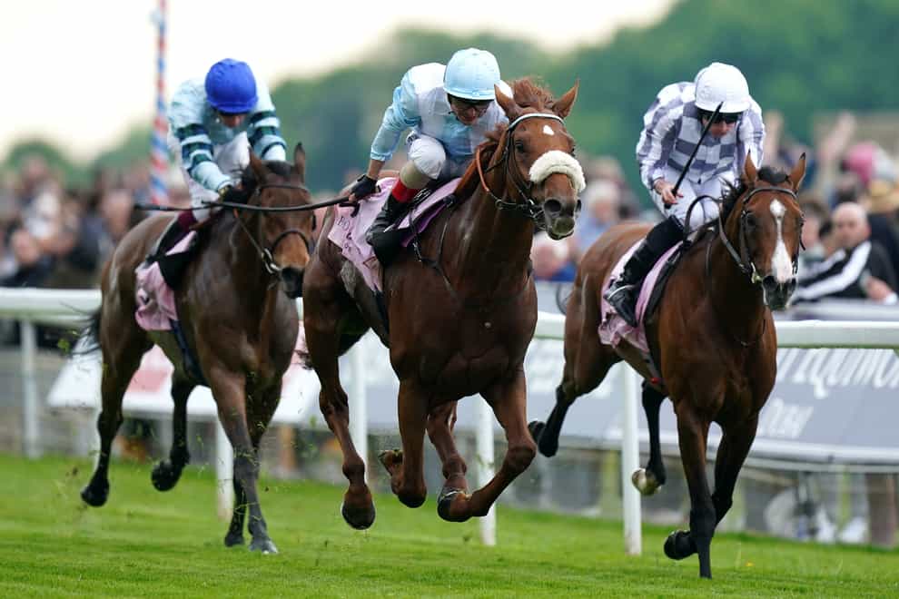 Giavellotto ridden by Andrea Atzeni (centre) coming home to win the Boodles Yorkshire Cup Stakes on day three of the Dante Festival 2023 at York Racecourse. Picture date: Friday May 19, 2023.