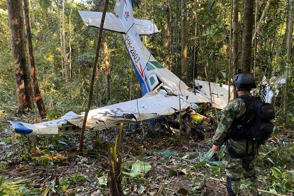 Four Indigenous children who were on a small plane that crashed in the Amazon jungle in Colombia on May 1 this month have not been found, the three adults on board died in the crash. (Colombia’s Armed Forces Press Office via AP)