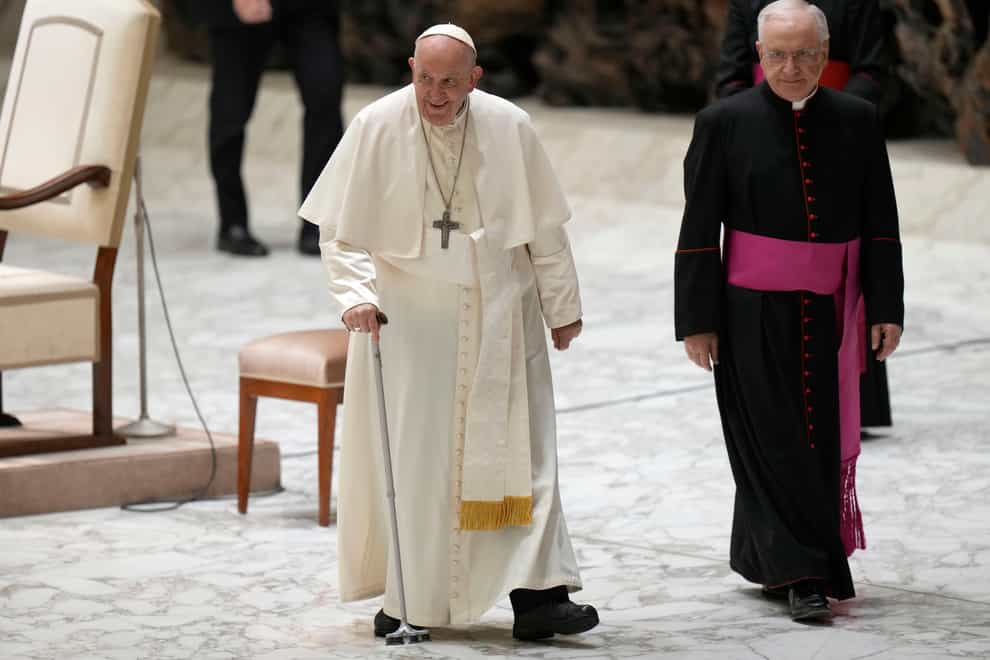 Pope Francis leaves after an audience with the dioceses of Spoleto and Norcia in the Paul VI Hall, at the Vatican (AP)