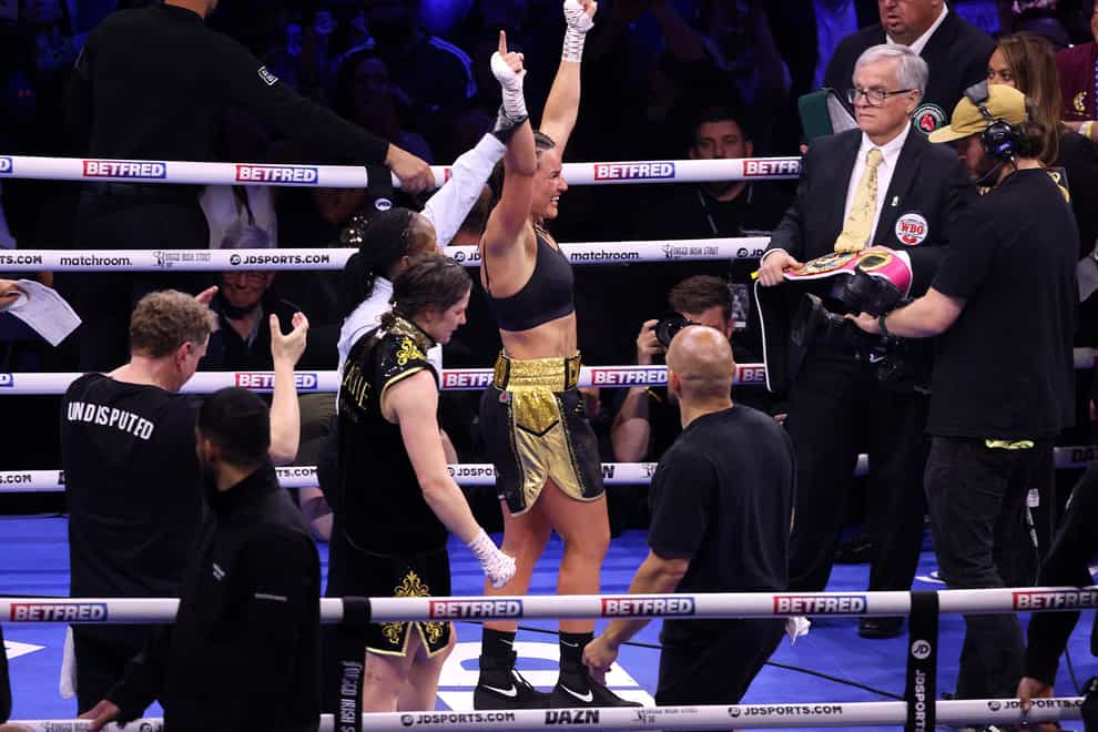 Chantelle Cameron celebrates defeating Katie Taylor for the undisputed Super-Lightweight World Titles at the 3Arena in Dublin, Ireland. Picture date: Saturday May 20, 2023. (Damien Eagers, PA)
