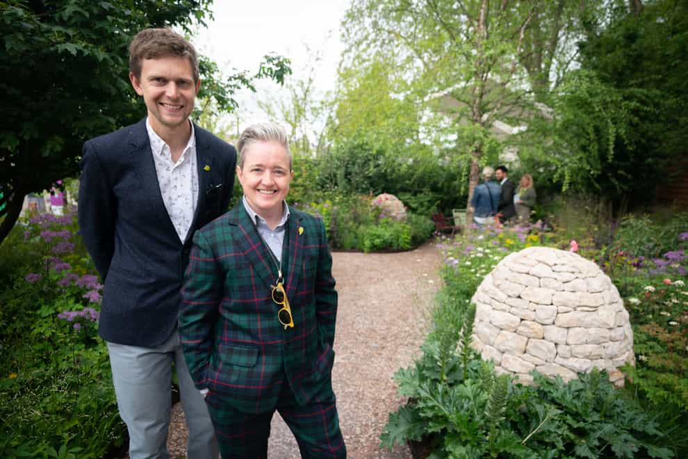 Designers Hugo Bugg and Charlotte Harris in Horatio’s Garden, during the RHS Chelsea Flower Show press day, at the Royal Hospital Chelsea, London (James Manning/PA)