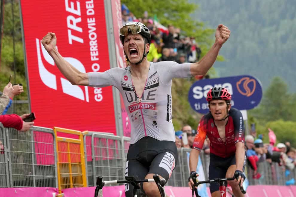 Joao Almeida sprinted clear of Geraint Thomas to claim his maiden Giro stage win (Gian Mattia D’Alberto/LaPresse via AP)
