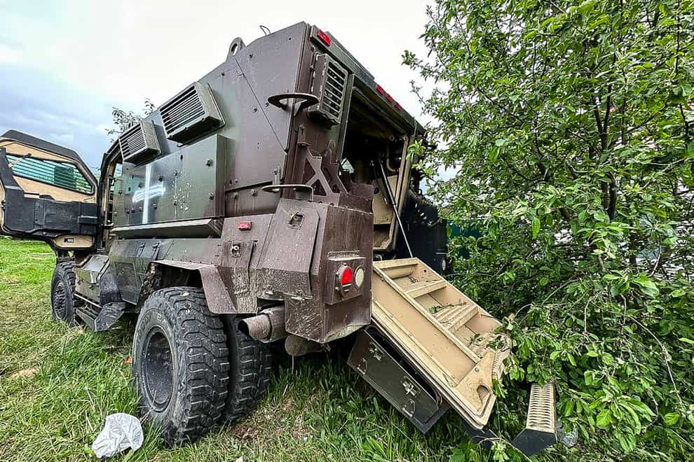 A damaged armoured military vehicle is seen after fighting in Belgorod region (Belgorod region governor Vyacheslav Gladkov Telegram channel via AP)