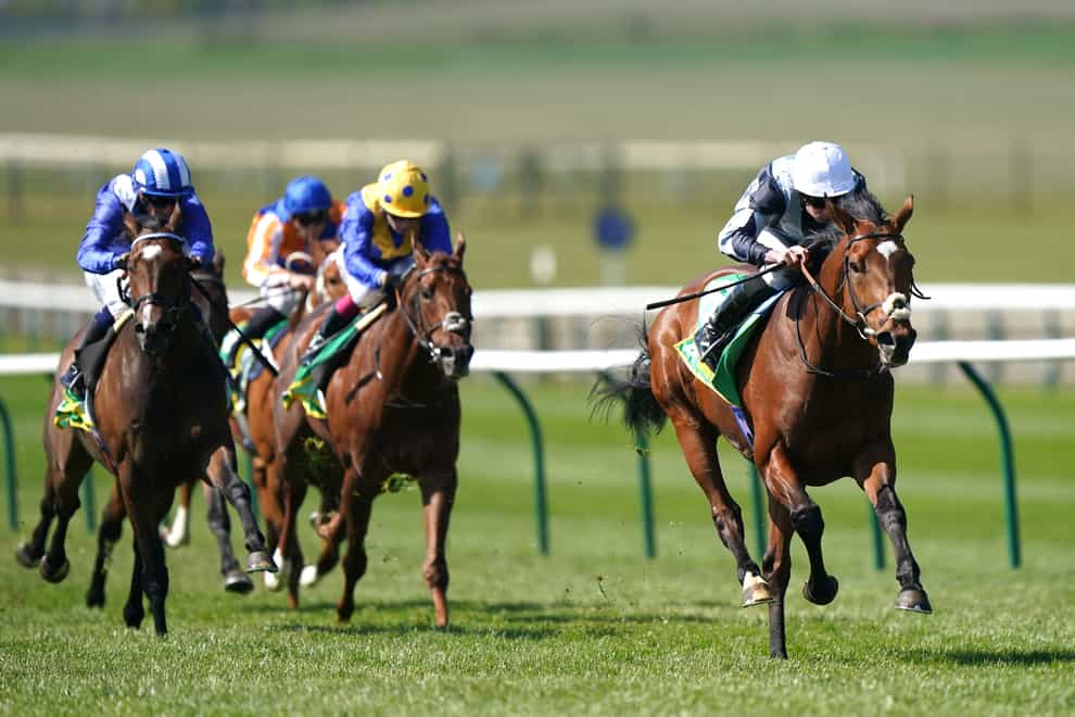 Passenger ridden by jockey Ryan Moore (right) on his way to winning the Bet365 Wood Ditton Maiden Stakes on day three of the bet365 Craven Meeting at Newmarket Racecourse. Picture date: Thursday April 20, 2023.