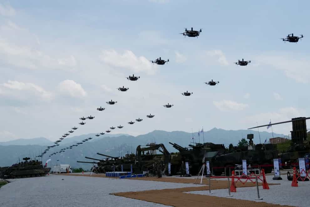 The South Korean army’s drones fly during South Korea-US joint military drills at Seungjin Fire Training Field in Pocheon, South Korea (Ahn Young-joon/AP)