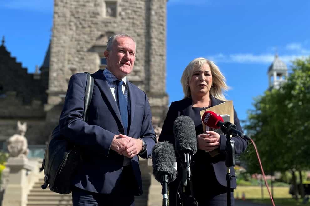 Sinn Fein’s Deputy Leader Michelle O’Neill and Conor Murphy speak to media (David Young/PA)