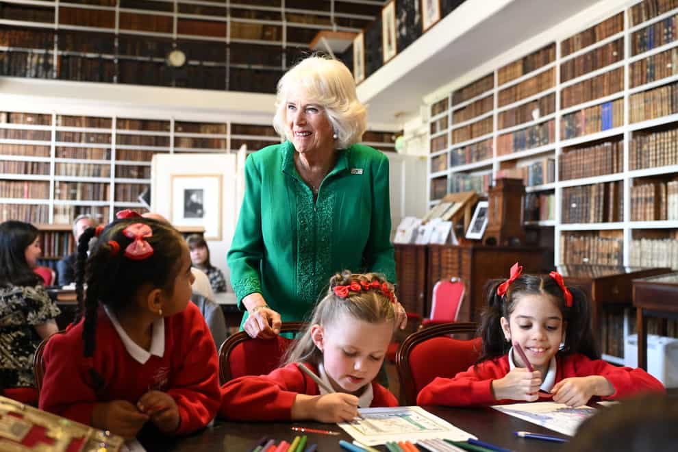 Queen Camilla during a visit to Robinson Library, Armagh (Michael Cooper/PA)