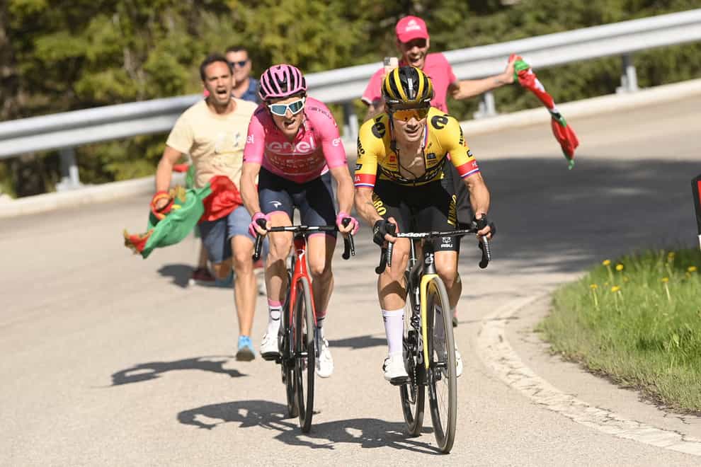 Geraint Thomas strengthened his hold on pink as he finished stage 18 of the Giro d’Italia on the wheel of Primoz Roglic (Fabio Ferrari/AP)