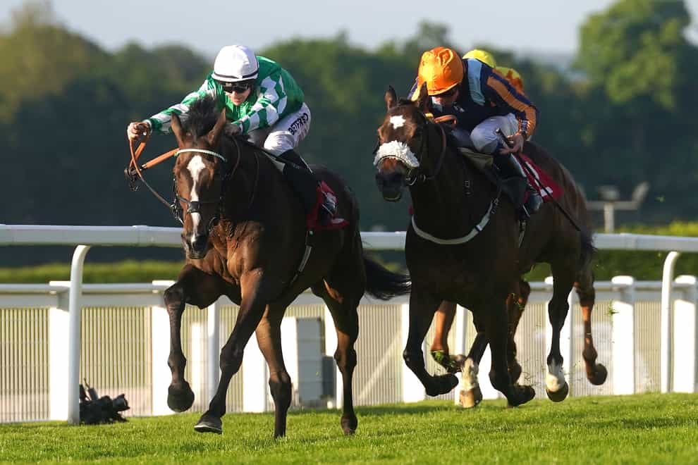 Roberto Escobarr (left) ridden by jockey Richard Kingscote (left) on their way to winning the Racehorse Lotto Henry Ii Stakes during Brigadier Gerard Evening at Sandown Park Racecourse, Surrey. Picture date: Thursday May 25, 2023.