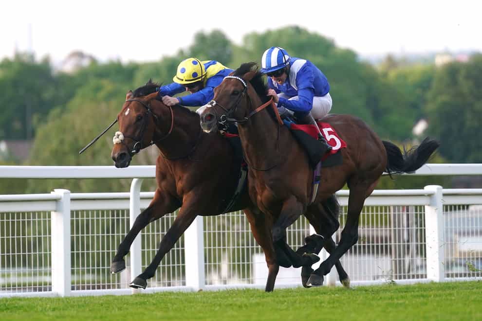 Hukum ridden by jockey Jim Crowley (right) wins the Racehorse Lotto Brigadier Gerard Stakes with Desert Crown ridden by jockey Richard Kingscote second during Brigadier Gerard Evening at Sandown Park Racecourse, Surrey. Picture date: Thursday May 25, 2023.