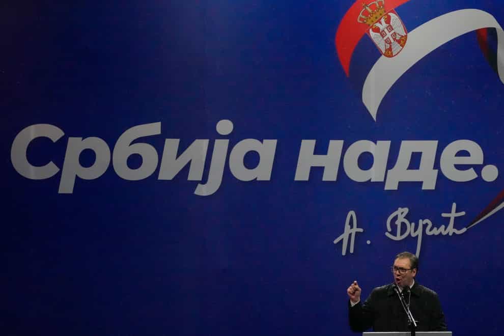 Aleksandar Vucic speaks during a major rally in Belgrade (Darko Vojinovic/AP/PA)