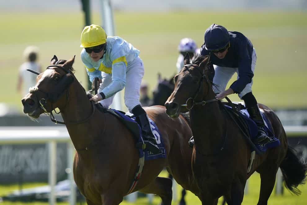 Drumroll ridden by Ryan Moore (right) wins The Heider Family Stables Gallinule Stakes after a stewards’ inquiry at Curragh Racecourse (Niall Carson/PA)