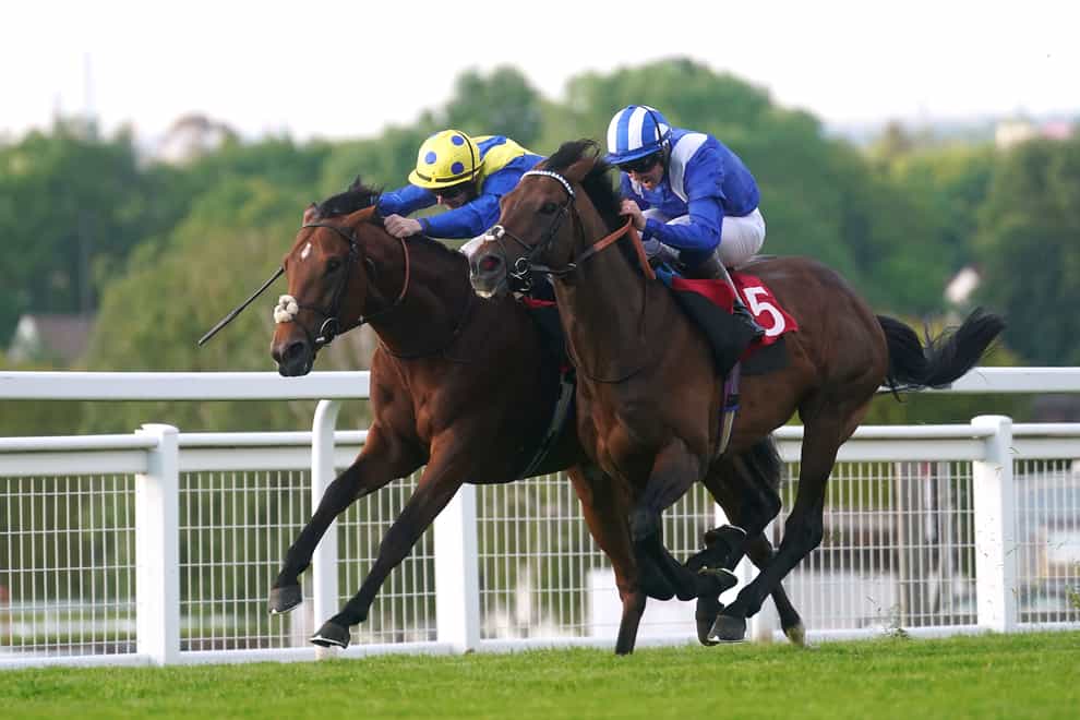 Hukum ridden by jockey Jim Crowley (right) wins the Racehorse Lotto Brigadier Gerard Stakes with Desert Crown ridden by jockey Richard Kingscote second during Brigadier Gerard Evening at Sandown Park Racecourse, Surrey. Picture date: Thursday May 25, 2023. (Adam Davy/PA)