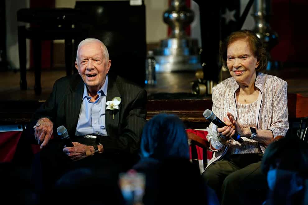 Former US president Jimmy Carter and his wife Rosalynn Carter during a reception to celebrate their 75th wedding anniversary on July 10, 2021 (John Bazemore/AP/PA)