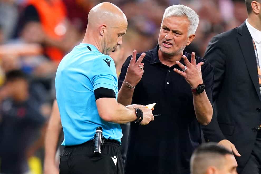 Jose Mourinho questions referee Anthony Taylor’s officiating during the Europa League final (Adam Davy/PA)