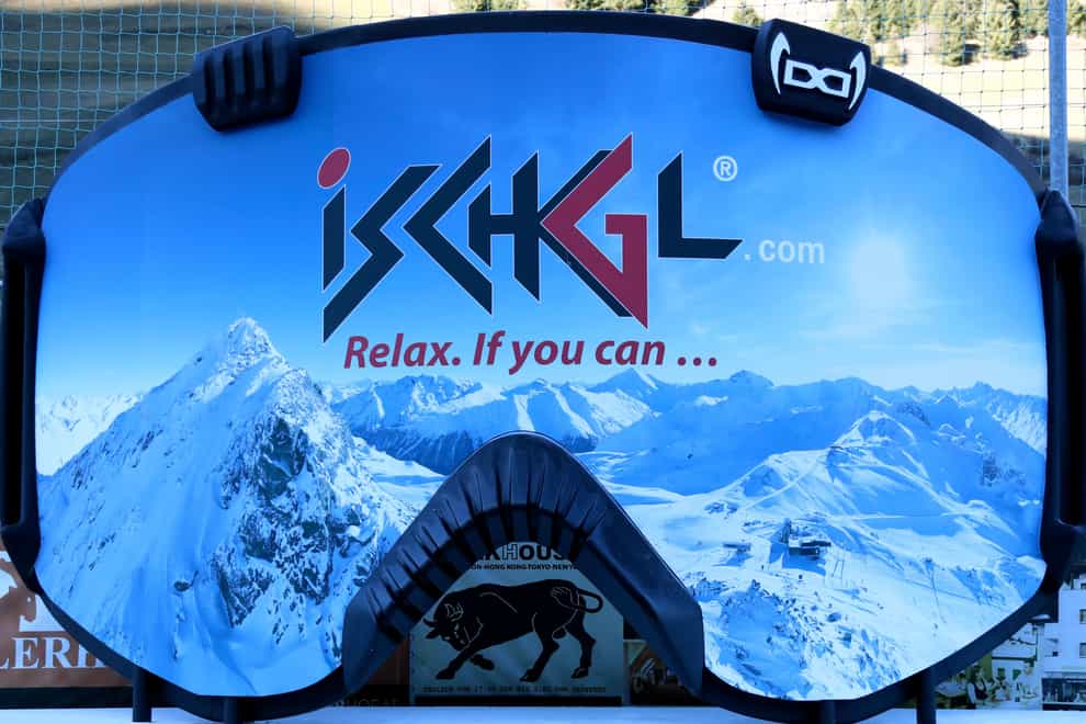 A giant advertising goggle with the slogan ‘relax, if you can’ in Ischgl, Austria (Matthias Schrader/AP)