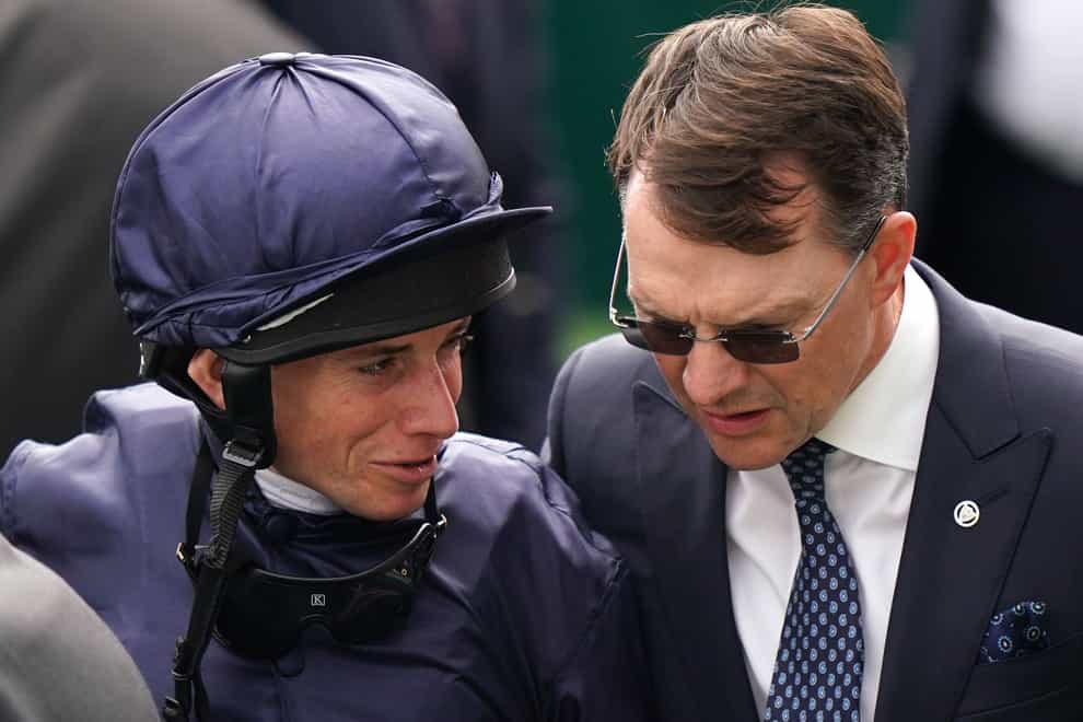 Ryan Moore and trainer Aidan O’Brien react after winning the Cazoo Oaks riding Tuesday on Ladies Day during the Cazoo Derby Festival 2022 at Epsom Racecourse, Surrey. Picture date: Friday June 3, 2022.