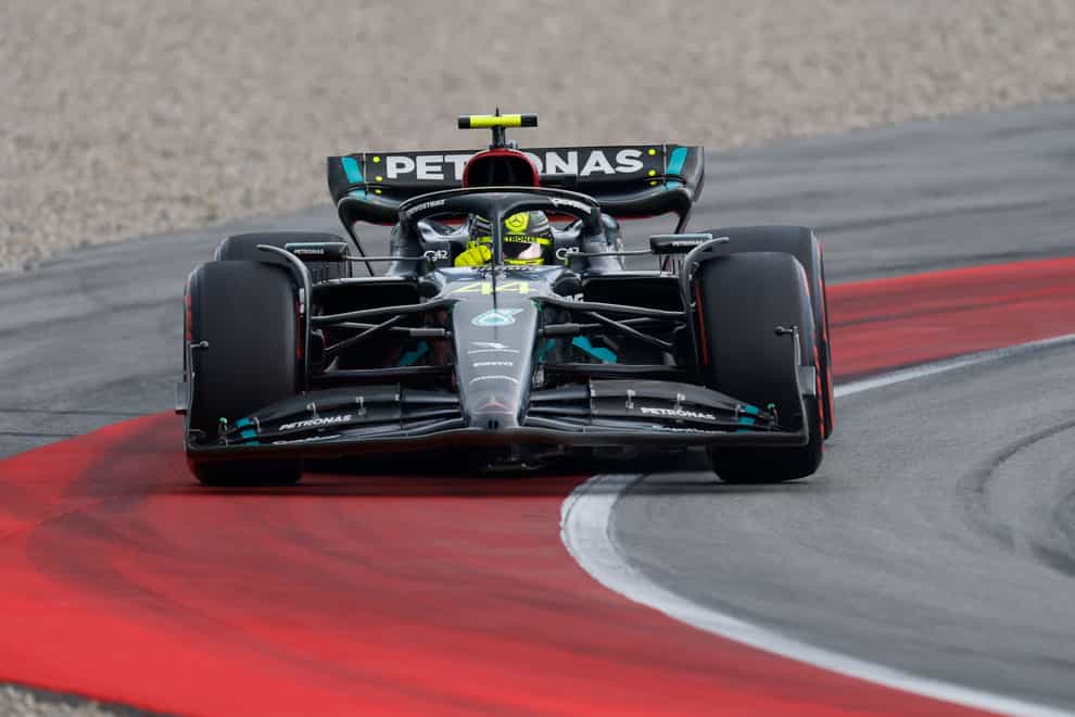 Mercedes driver Lewis Hamilton of Britain steers his car through a curve during the third practice session for Sunday’s Spanish Formula One Grand Prix, at the Barcelona Catalunya racetrack in Montmelo, Spain, Saturday, June 3, 2023. (AP Photo/Joan Monfort)