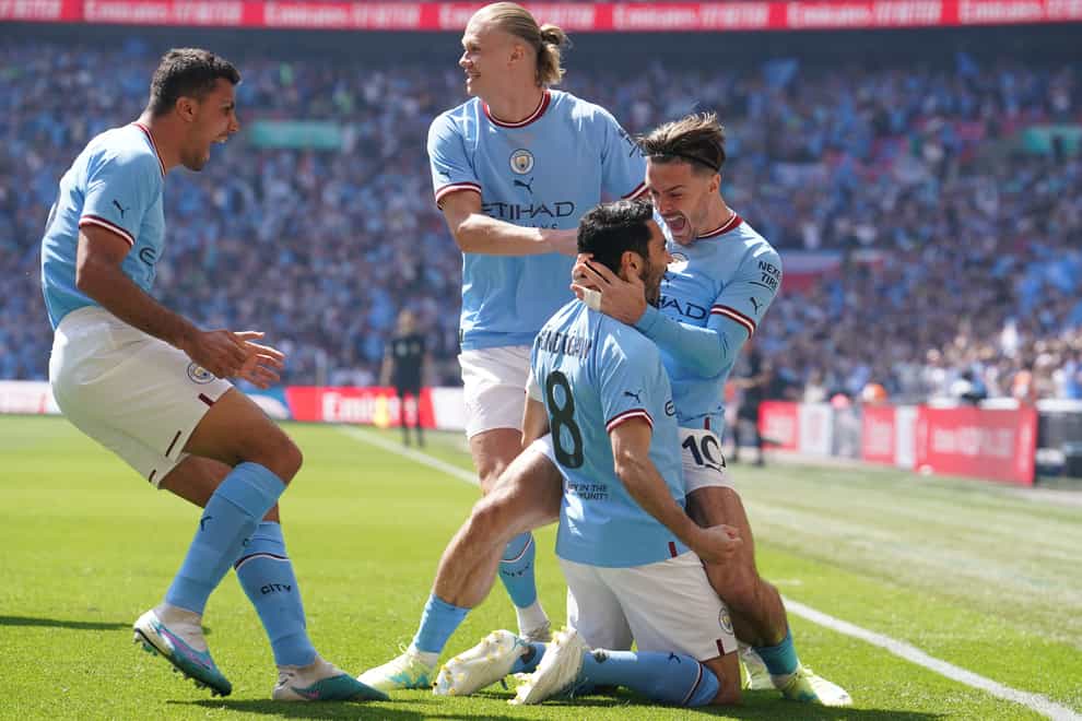Manchester City’s Ilkay Gundogan celebrates his FA Cup final goal (Martin Rickett/PA)