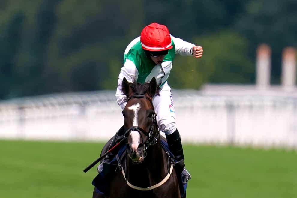 Jockey Patrick Joseph “P.J.” McDonald celebrates on Pyledriver after winning the King George VI And Queen Elizabeth Qipco Stakes during the QIPCO King George Meeting at Ascot Racecourse. Picture date: Saturday July 23, 2022. (John Walton/PA)
