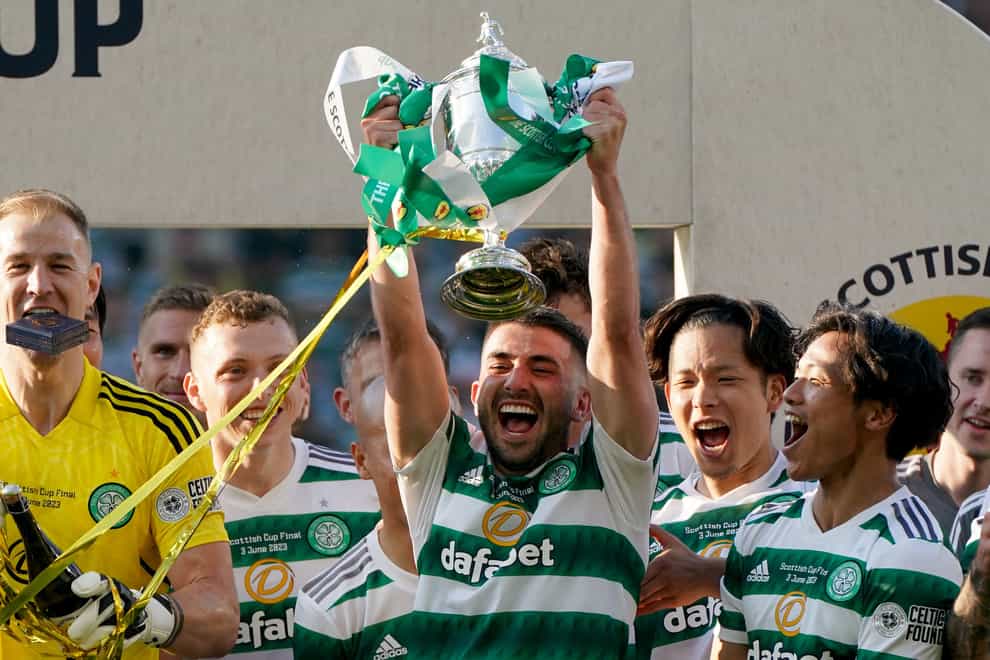 Celtic with the Scottish Cup on Saturday (Andrew Milligan/PA)