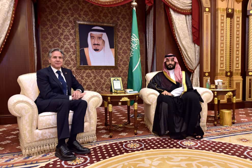 Saudi Arabia’s Crown Prince Mohammed bin Salman meets with US secretary of state Antony Blinken in Jeddah (Pool Photo via AP)