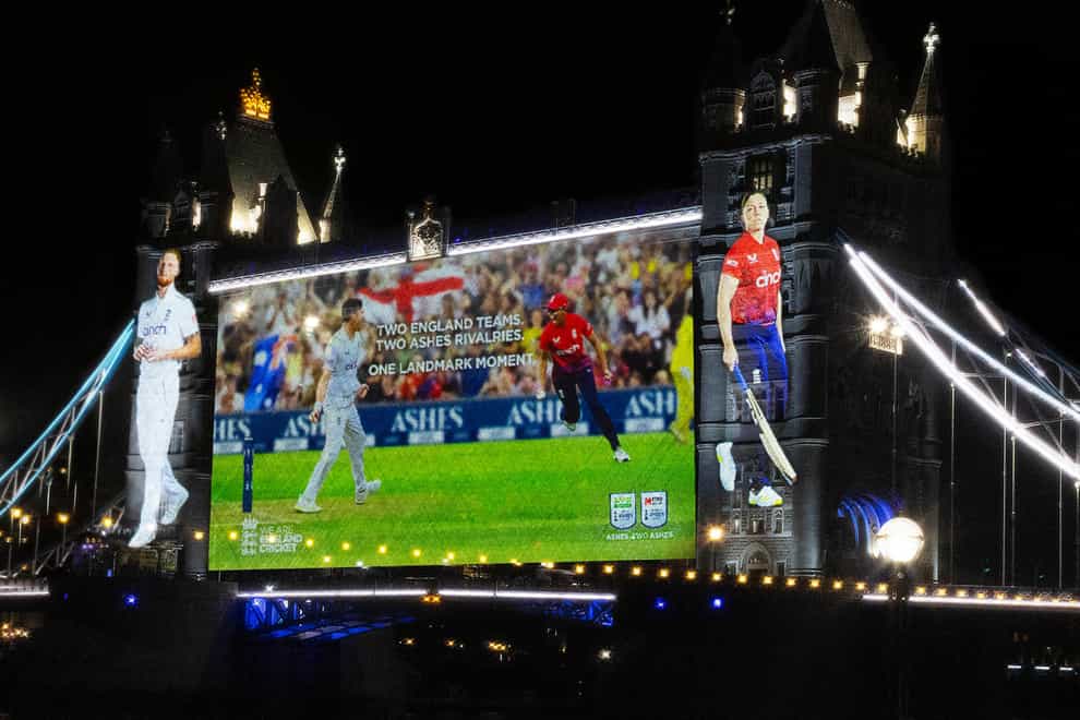 Pictures of England captains Ben Stokes (left) and Heather Knight have been projected onto Tower Bridge (ECB handout/PA)