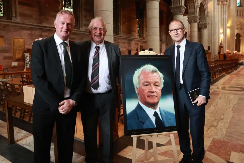 Current Northern Ireland manager Michael O’Neill, former Northern Ireland player Gerry Armstrong and former Northern Ireland manager Martin O’Neill attending a service of thanksgiving at St Anne’s Cathedral in Belfast for former Northern Ireland manager Billy Bingham (Liam McBurney/PA)