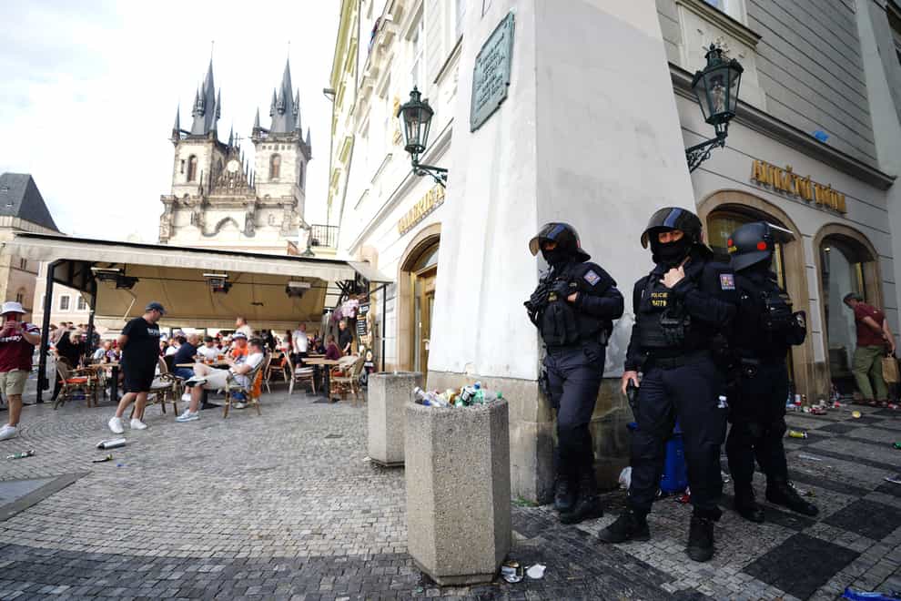 Police in Staromestske Namesti, Prague, ahead of the Uefa Europa Conference League Final at the Fortuna Arena, Prague (James Manning/PA)