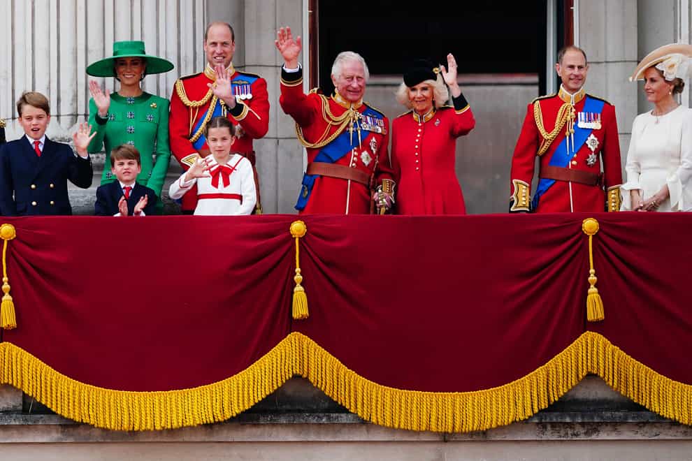 The royal family on the balcony of Buckingham Palace to view the flypast following the Trooping the Colour ceremony (Victoria Jones/PA)