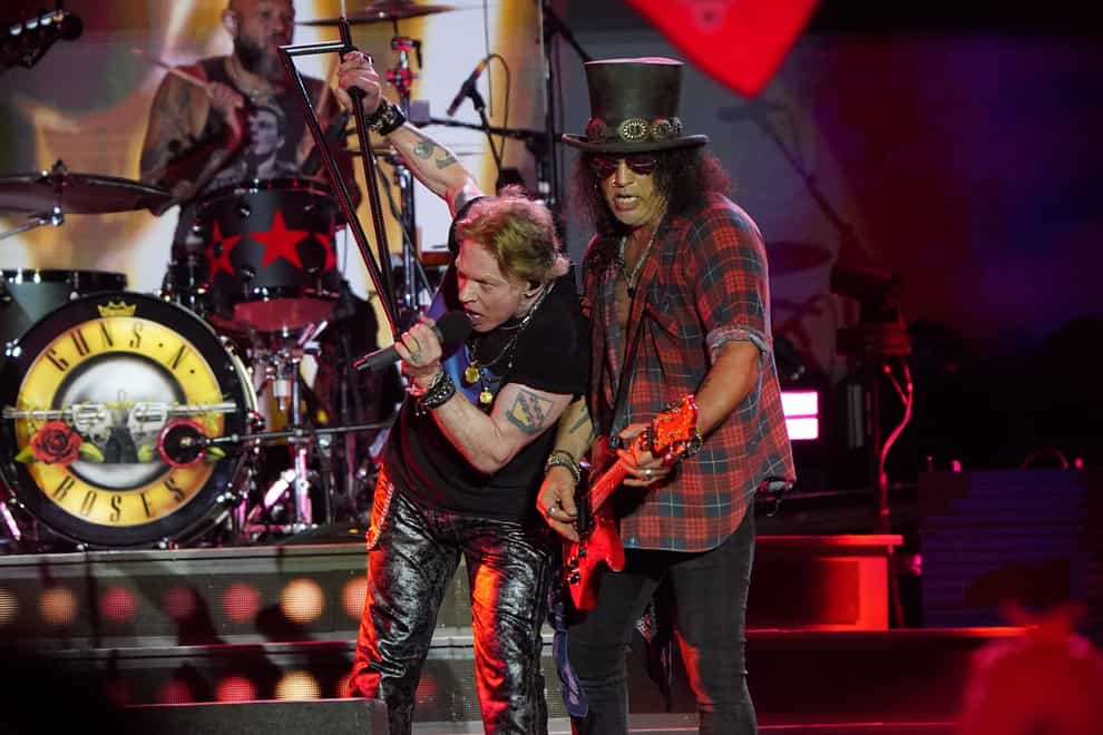 Axl Rose and Slash from Guns N’ Roses performing on the Pyramid Stage at the Glastonbury Festival at Worthy Farm in Somerset. Picture date: Saturday June 24, 2023.