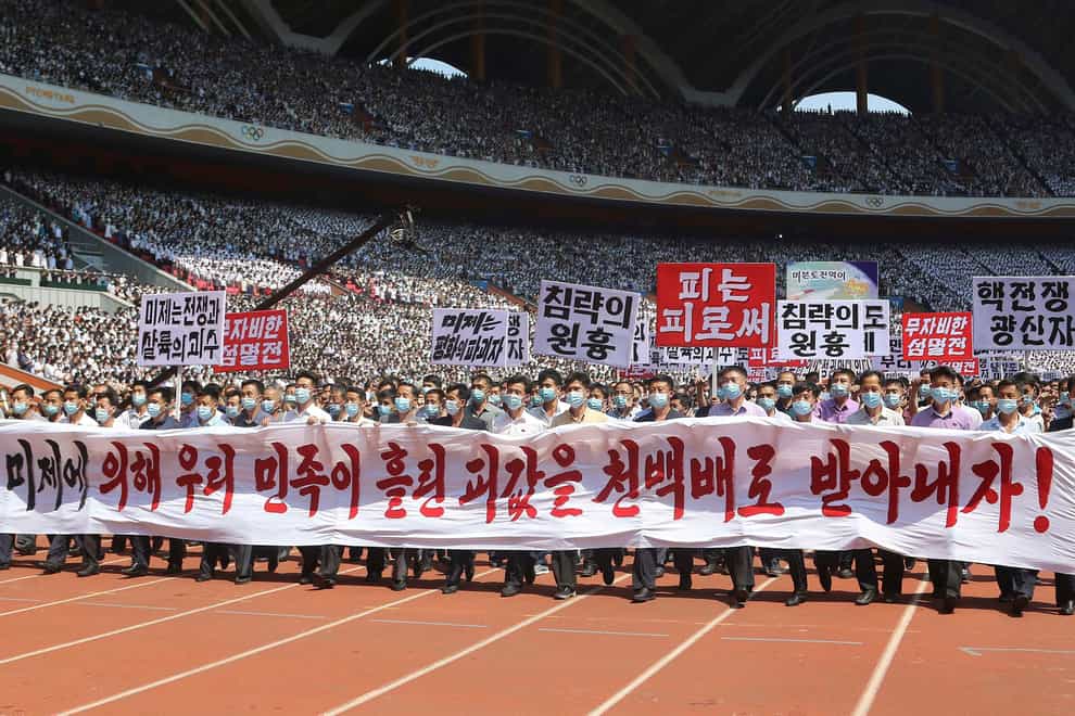 A demonstration in Pyongyang after a mass rally to mark what North Korea calls ‘the day of struggle against US imperialism’ at the May Day Stadium in Pyongyang (AP)