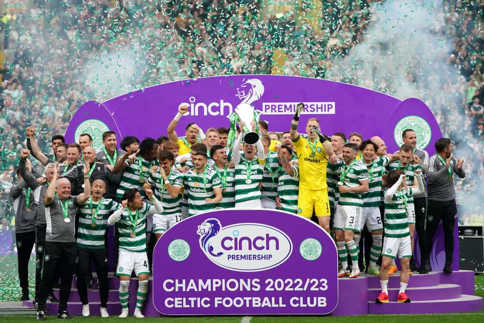 Celtic won a third straight Premiership title last season (Andrew Milligan/PA)