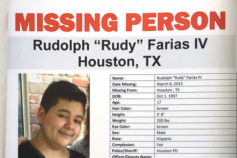 A missing poster for Rudolph ‘Rudy’ Farias IV (TexasEquuSearch/Courtesy of Houston Chronicle via AP)