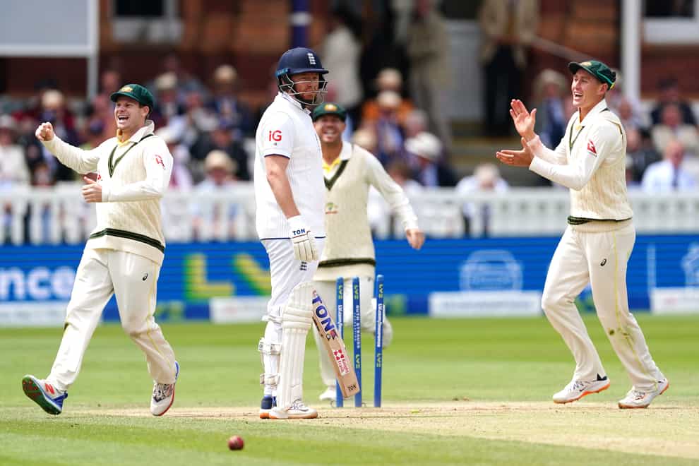 England’s Jonny Bairstow (centre) looks frustrated after being run out at Lord’s (Mike Egerton/PA)