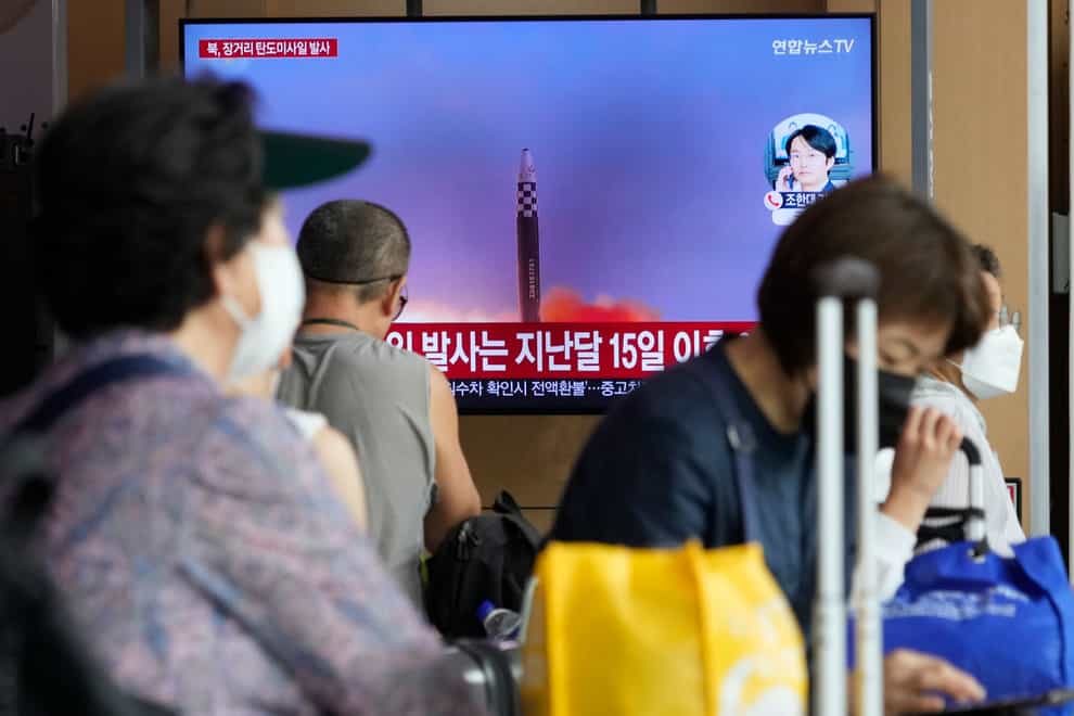 A TV screen shows an image of North Korea’s missile launch during a news program at the Seoul Railway Station in Seoul, South Korea on Wednesday (Ahn Young-joon, AP)