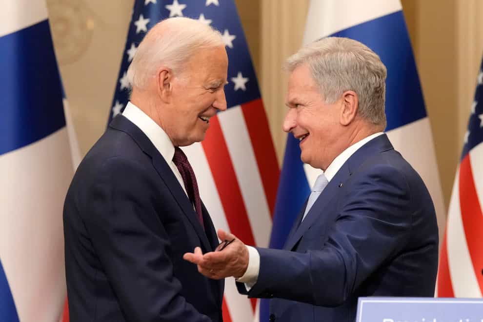 Finland’s President Sauli Niinisto, right, and US President Joe Biden after their press conference in Helsinki, Finland (Sergei Grits/AP/PA)