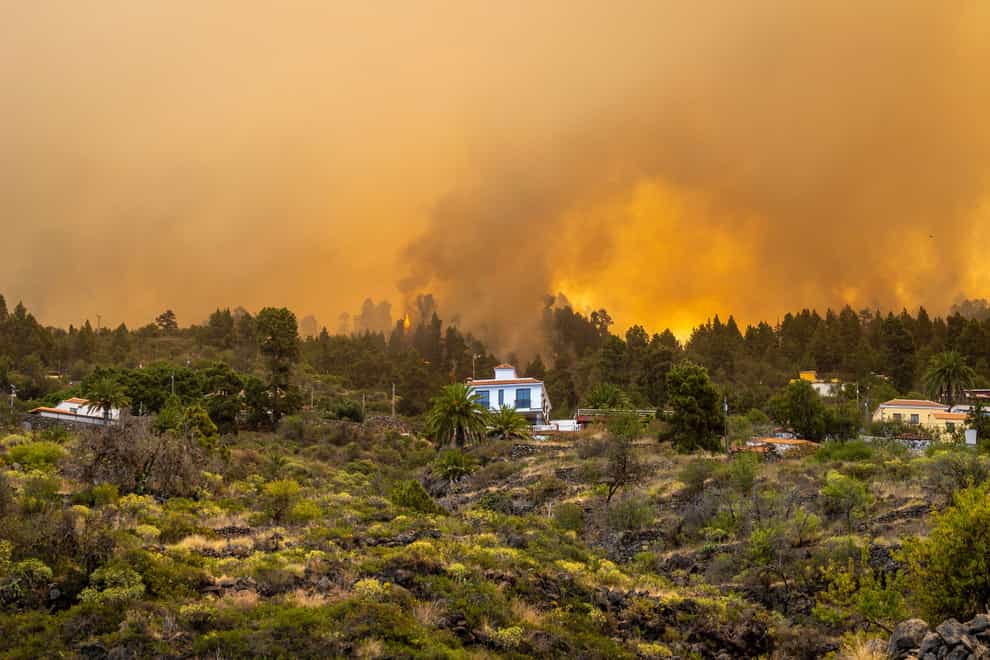 A burning forest fire close to homes near Puntagorda on the Canary Island of La Palma (Europa Press/AP)