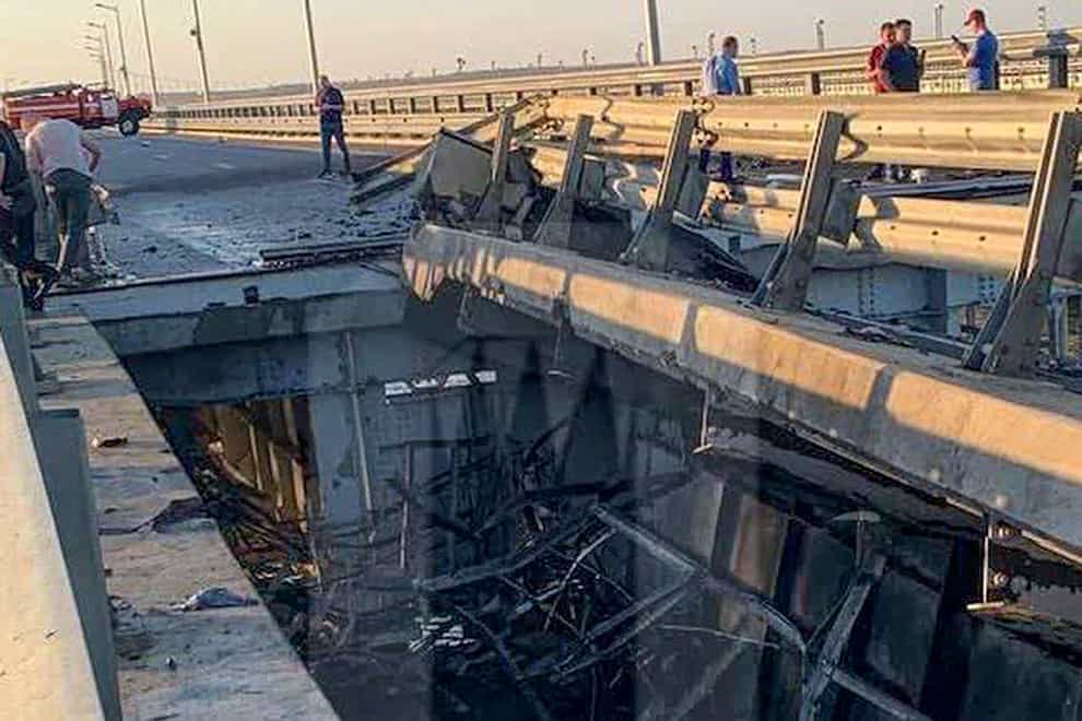 The attack damaged parts of the the Crimean Bridge connecting Russian mainland and Crimean peninsula over the Kerch Strait (Ostorozhno Novosti via AP)