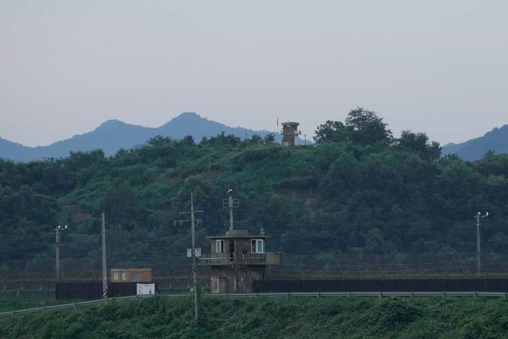 A North Korean military guard post, rear, and South Korea post, bottom, are seen in Paju near the border with North Korea, South Korea (Ahn Young-joon/AP)