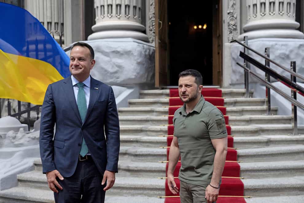 Ukraine’s President Volodymyr Zelensky welcomes Taoiseach Leo Varadkar ahead of a meeting at Horodetskyi House, in Kyiv, Ukraine. Picture date: Wednesday July 19, 2023.