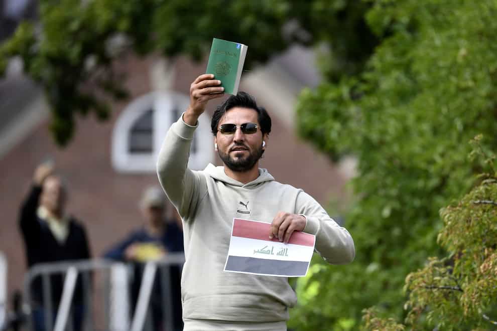Protester Salwan Momika appears outside the Iraqi embassy in Stockholm (Oscar Olsson/TT/AP)