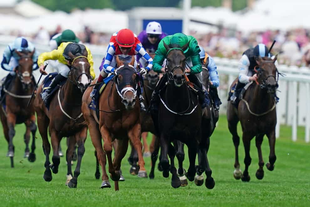 Relief Rally (green) was touched off by Crimson Advocate (red cap) in the Queen Mary at Royal Ascot (David Davies/PA)