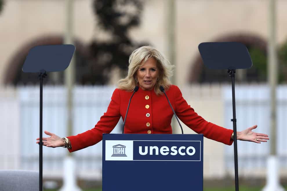 First Lady Jill Biden delivers a speech during a ceremony at the Unesco headquarters in Paris (Aurelien Morissard/AP/PA)