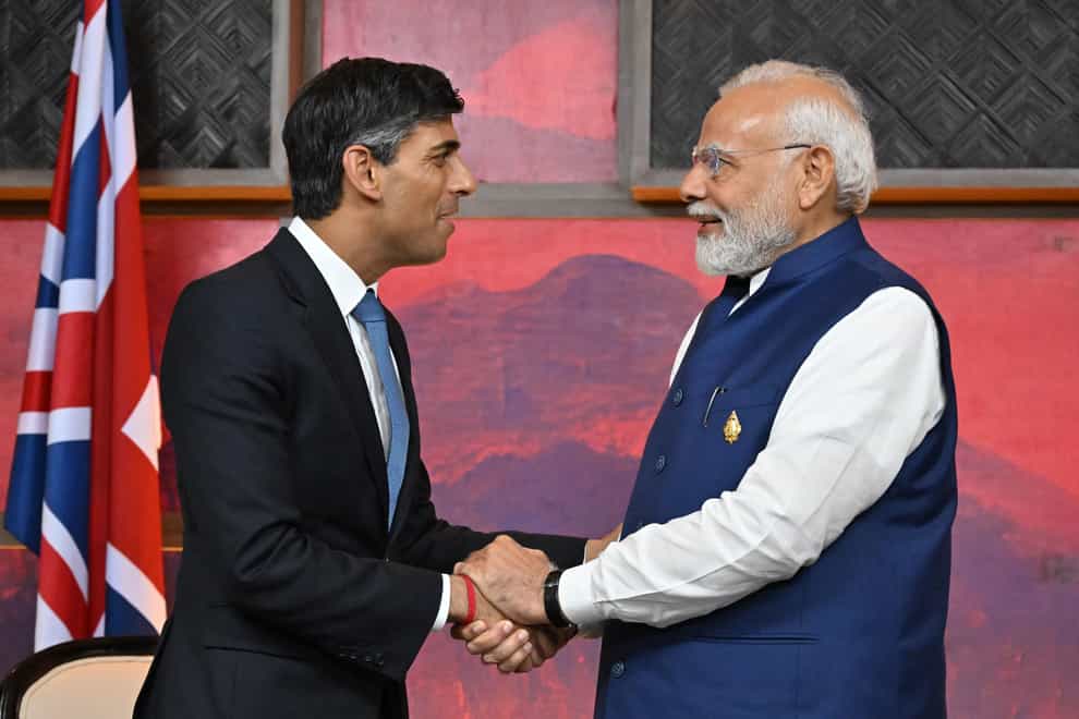 Prime Minister Rishi Sunak (left) and Prime Minister Narendra Modi of India at the G20 last year (Leon Neal/PA)
