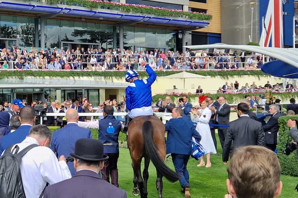 Jim Crowley salutes the crowd after Hukum’s success in the King George VI And Queen Elizabeth II Qipco Stakes (Simon Milham/PA)
