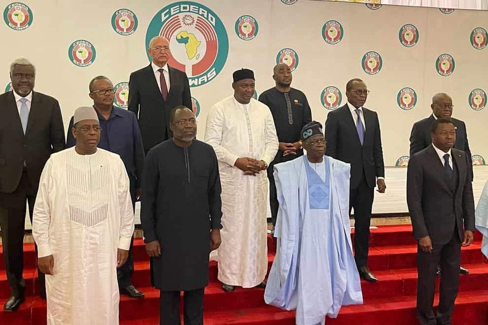 Nigeria President, Bola Ahmed Tinubu, second from left, with other West Africa leaders after a meeting in Abuja Nigeria on Sunday (Chinedu Asadu/AP/PA)