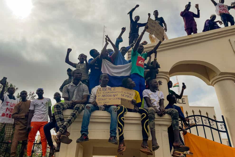 Supporters of Niger’s ruling junta gather at the start of a protest called to fight for the country’s freedom and push back against foreign interference in Niamey, Niger (Sam Mednick/AP)