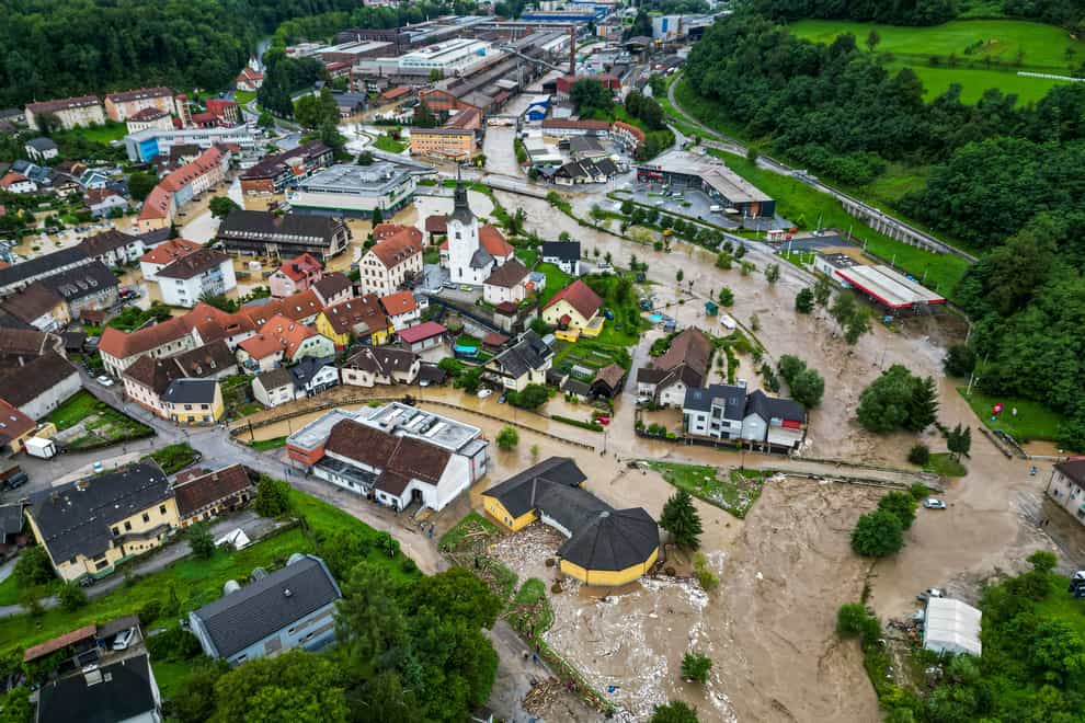 A flooded area is seen in Ravne na Koroskem, some 60km (38 miles) north-east of Ljubljana, Slovenia (Gregor Ravnjak/AP)