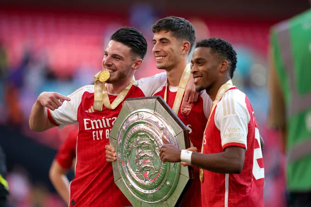 Arsenal’s Declan Rice, Kai Havertz and Jurrien Timber celebrate after winning the Community Shield (John Walton/PA).